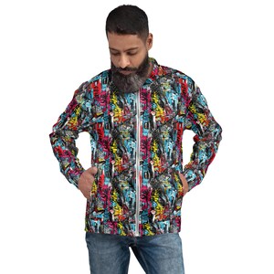 Street Graffiti Bomber Jacket, Classic Fashion Streetwear Jacket, Urban Streetwear Art Zipper Jacket with Pockets, Unique Graffiti Apparel