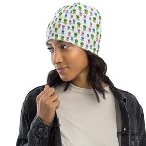 Aliens Sci Fi Printed Beanie Hat, Stylish UFO Warm Cozy Beanie, Aliens Lover Gift, Space NASA Fan Beanie, Soft Comfy AOP Unisex Beanie