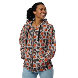 Pumpkin Black Cats Printed Zipper Hoodie, Cat Mom Dad Hoodie, All over Print Cats Zip-Up Hoodie with Pocket, Cat Themed Gift, Cat Lover Gift