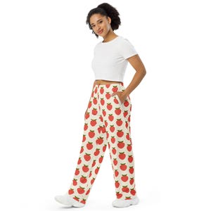 Strawberries Fruit Print Wide Leg Pants, All Over Print Streetwear Loungewear PJs Pants, Soft Comfy Pajama, Foodie Gifts, Lounge Pants