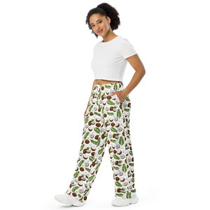 Tropical Coconuts Fruit Print Wide Leg Pants, All Over Print Streetwear Loungewear PJs Pants, Soft Comfy Pajama, Gifts, Lounge Pants