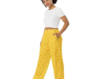 Cheese Food Printed Wide Leg Pants, Funny All Over Print Streetwear Loungewear PJs Pants, Soft Comfy Pajama, Foodie Gifts, Lounge Pants