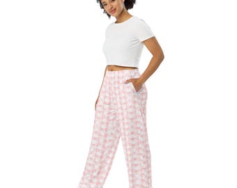Bunny Rabbits Printed Wide Leg Pants, AOP Streetwear PJ Pajama Pants with Pockets, Lounge and sleepwear, Palazzo Pants, Rabbits Lovers Gift