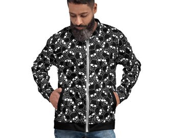 Gothic Skulls Bomber Jacket, Goth Style Streetwear Jacket, Skull Print Zip up Jacket, Autumn Winter Outerwear, Spooky Season Gift, Unisex