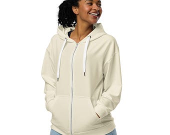 Solid Beige Zipper Hoodie, Aesthetic Streetwear Hoodie, Comfy Cozy Winter Loungewear Hoodie, Trendy Zip-Up Hoodie with Pockets, Plus Size