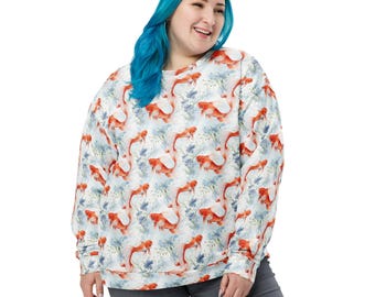 Koi Fish Printed Sweatshirt, All Over Print Animal Crewneck Sweatshirt, Trendy Festival Cozy Pullover Shirt, Koi Fish Lovers Gifts, Unisex