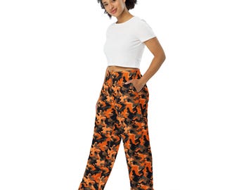 Orange Camouflage Printed Wide Leg Pants, AOP Camo Military Streetwear PJ Pants with Pockets, Lounge and Sleepwear, Palazzo Pants, Unisex