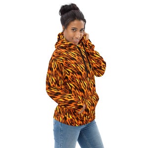 Fire Flames Print Pullover Hoodie, Fluffy Fire AOP Streetwear Designer Hoodie, Rave Party Fashion Hoodie, Trendy Y2K Funky Hoodie, Plus Size