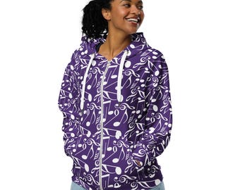 Music Notes Printed Zipper Hoodie, Casual Streetwear Zip-Up Hoodie with Pockets, Cozy Fashion Loungewear Hoodies, Music Lover Gift, Musician
