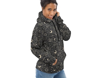 Celestial Moon Stars Printed Pullover Hoodie, Outer Space Galaxy AOP Hoodie with Pockets, NASA Fan Gifts, Streetwear Fashion Hoodies, Unisex