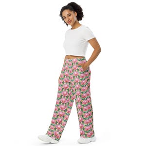 Stained Glass Flowers Print PJ Pants, Aesthetic Floral AOP Loungewear Wide Leg Pants with Pockets, Hippie Pants, Loose Rave Pants, Unisex