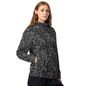 May include: Black jacket with a white print of mathematical equations and formulas. The jacket has a zipper closure and a stand-up collar.