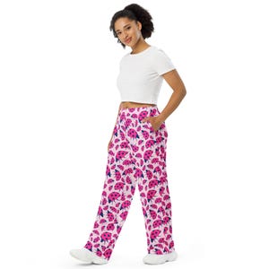 Pink Ladybug Insect Print Wide Leg Pants with Pockets, Aesthetic AOP PJ Pajama Pants, Soft Comfy Lounge Pants, Unisex, Ladybug Lover Gift