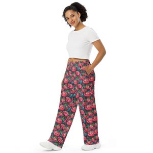 Stained Glass Flowers Print PJ Pants, Aesthetic Floral AOP Loungewear Wide Leg Pants with Pockets, Hippie Pants, Loose Rave Pants, Unisex