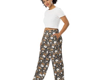 Dinosaur Bones Printed PJ Pants with Pockets, Science Streetwear Loungewear Wide Leg Pants, Biology All Over Print Loungewear, Unisex, Gifts
