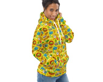 Comics Books Superhero Print Pullover Hoodie, DC Superhero AOP Winter Cozy Hoodie with Pockets, Comics Lovers Fashion Hoodie, Plus Size