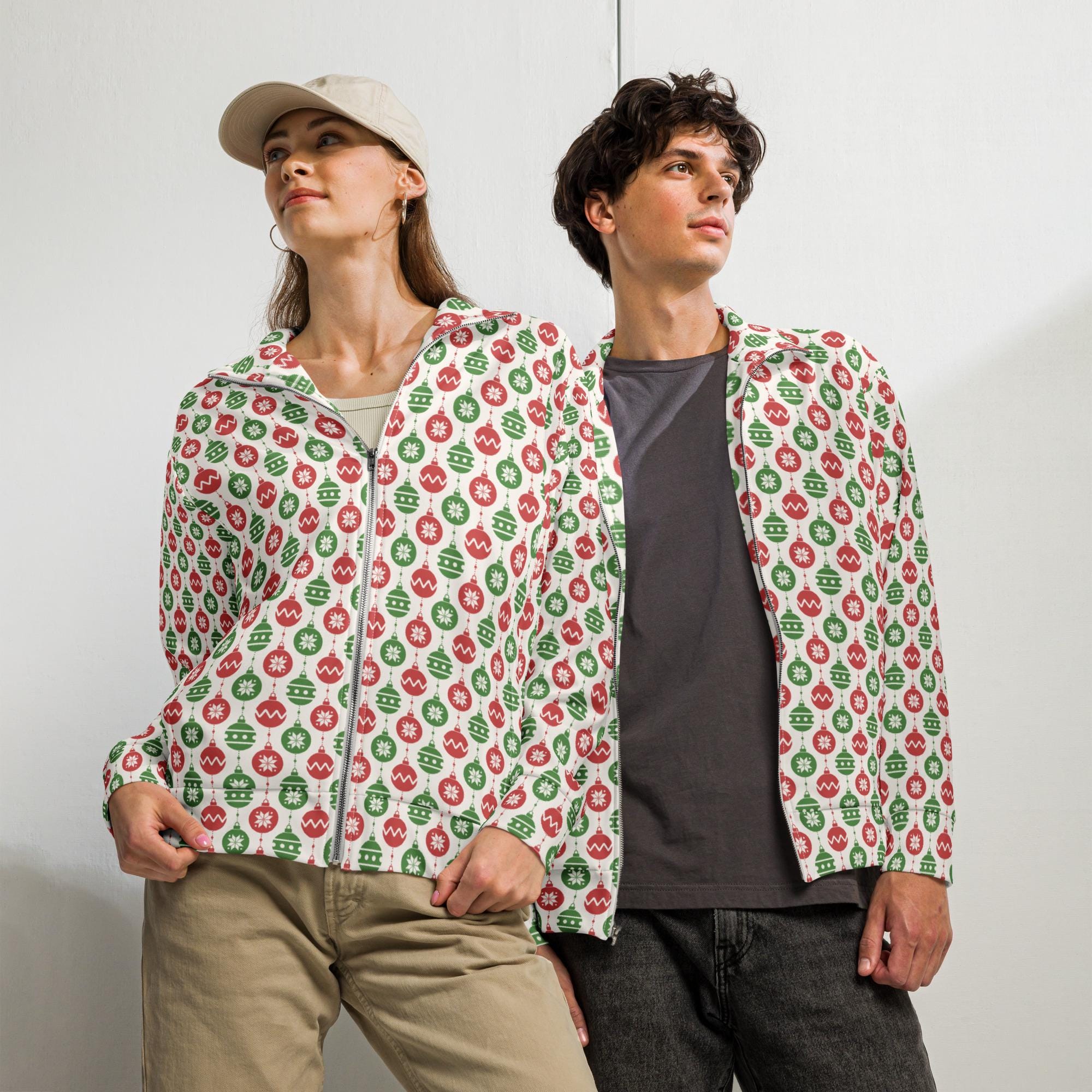 Christmas Zipper Track Jacket, Xmas Ornaments Printed Holiday