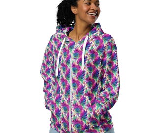 Peacock Feathers Bird Printed Zipper Hoodie, All Over Print Casual Streetwear Zip-Up Hoodie, Bird Lovers Gift, Cozy Winter Hoodies, Unisex