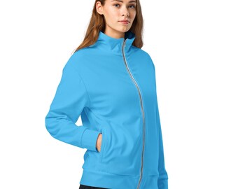 Solid Sky Blue Track Jacket, Casual Outerwear Jacket with Pockets, Fashion Lightweight Jacket, Luxury Elegant Running Jacket, Plus Size