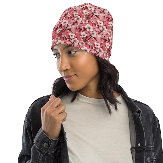 Cherry Blossoms Beanie Hat, Floral Winter Beanie Cap, Stylish Warm