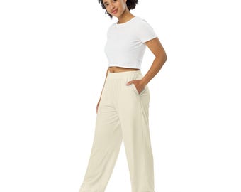 Solid Light Beige Tan Wide-Leg Pants with Pockets, Streetwear Loungewear Soft Comfy PJ Pajama Pants, Trendy Summer Beach Pants, Unisex