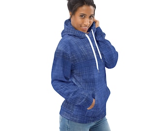 Denim Blue Jeans Printed Pullover Hoodie, Unique AOP Streetwear Hoodies, Cozy Winter Loungewear Hoodie, Trendy Designer Hoodie with Pockets