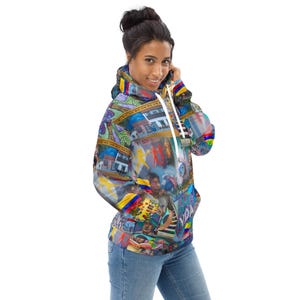 Colombia Street Art Printed Pullover Hoodie, Trendy Urban Fashion Hoodie with Pockets, Casual Hip Hop Hoodie, Comfy Winter Graphic Hoodie