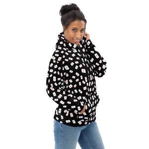Poker Cards Printed Pullover Hoodie, Casino AOP Streetwear Hoodies, Cozy Winter Loungewear Hoodie, Trendy Designer Hoodie with Pockets