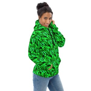 Fire Flames Print Pullover Hoodie, Fluffy Fire AOP Streetwear Designer Hoodie, Rave Party Fashion Hoodie, Trendy Y2K Funky Hoodie, Plus Size