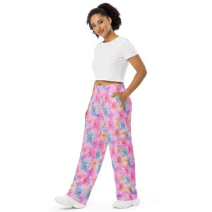 Watercolor Flowers Print PJ Pants, Aesthetic Floral AOP Loungewear Wide Leg Pants with Pockets, Hippie Pants, Loose Rave Pants, Unisex