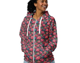 May include: A pink and blue floral print zip-up hoodie with a white zipper. The hoodie has a hood and two pockets.