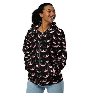 Creepy Cat Smiles Printed Zipper Hoodie, Cat Mom Dad Hoodie, All over Print Cats Zip-Up Hoodie with Pockets, Cat Themed Gift, Cat Lover Gift