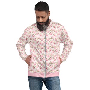 Pastel Pink Roses Bomber Jacket, Floral Jacket, Lightweight Fashion Jacket, Designer Outerwear Jacket, Aesthetic Statement Unisex Jacket