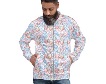 Passport Stamps Printed Bomber Jacket, Wanderlust All Over Print Zip-Up Jacket with Pockets, Trendy Fashion Designer Jacket, Unisex, Gifts