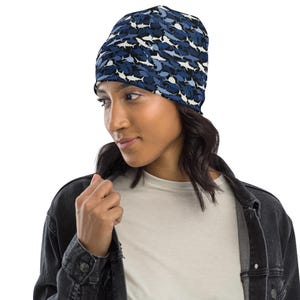 Shark Camouflage Print Beanie Hat, All Over Print Shark Camo Beanie Cap, Casual Streetwear Winter Beanie, Warm Headwear, Comfy Unisex Beanie