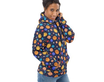 Universe Planets Print Pullover Hoodie, Outer Space Galaxy AOP Hoodie with Pockets, NASA Fan Gifts, Streetwear Fashion Hoodies, Unisex