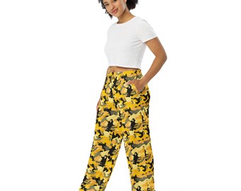 Yellow Camo Wide Leg Lounge Pants, Military Streetwear Palazzo Pants