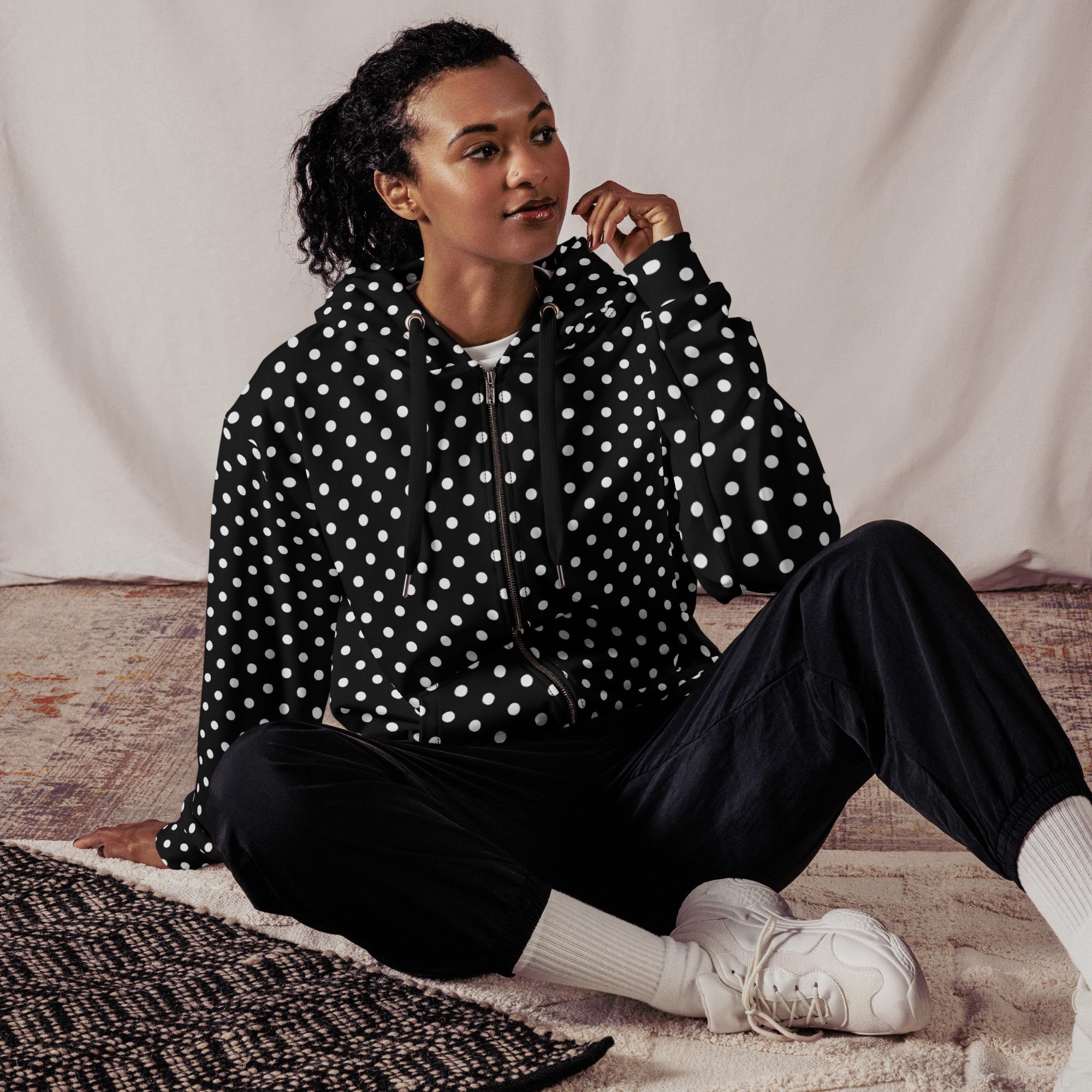 Black Polka Dots Zipper Hoodie, Aesthetic Streetwear Fashion 