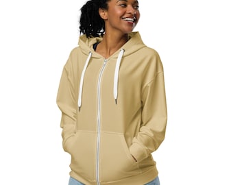 Solid Khaki Brown Zipper Hoodie, Aesthetic Streetwear Hoodie, Cozy Winter Loungewear Hoodie, Trendy Zip-Up Hoodie with Pockets, Plus Size