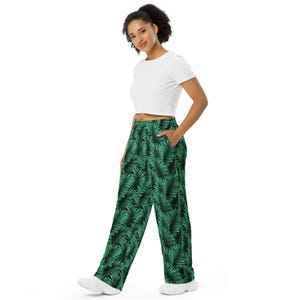 Fern Plant Leaves Printed PJ Pants with Pockets, Streetwear Loungewear Wide Leg Pants, Botanical All Over Print Loungewear, Unisex, Gifts