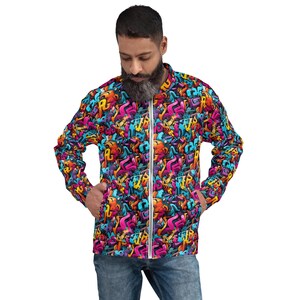 Street Graffiti Bomber Jacket, Classic Fashion Streetwear Jacket, Urban Streetwear Art Zipper Jacket with Pockets, Unique Graffiti Apparel