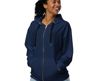 Solid Dark Navy Blue Zipper Hoodie, Aesthetic Streetwear Hoodie, Cozy Winter Loungewear Hoodie, Trendy Zip-Up Hoodie with Pockets, Plus Size