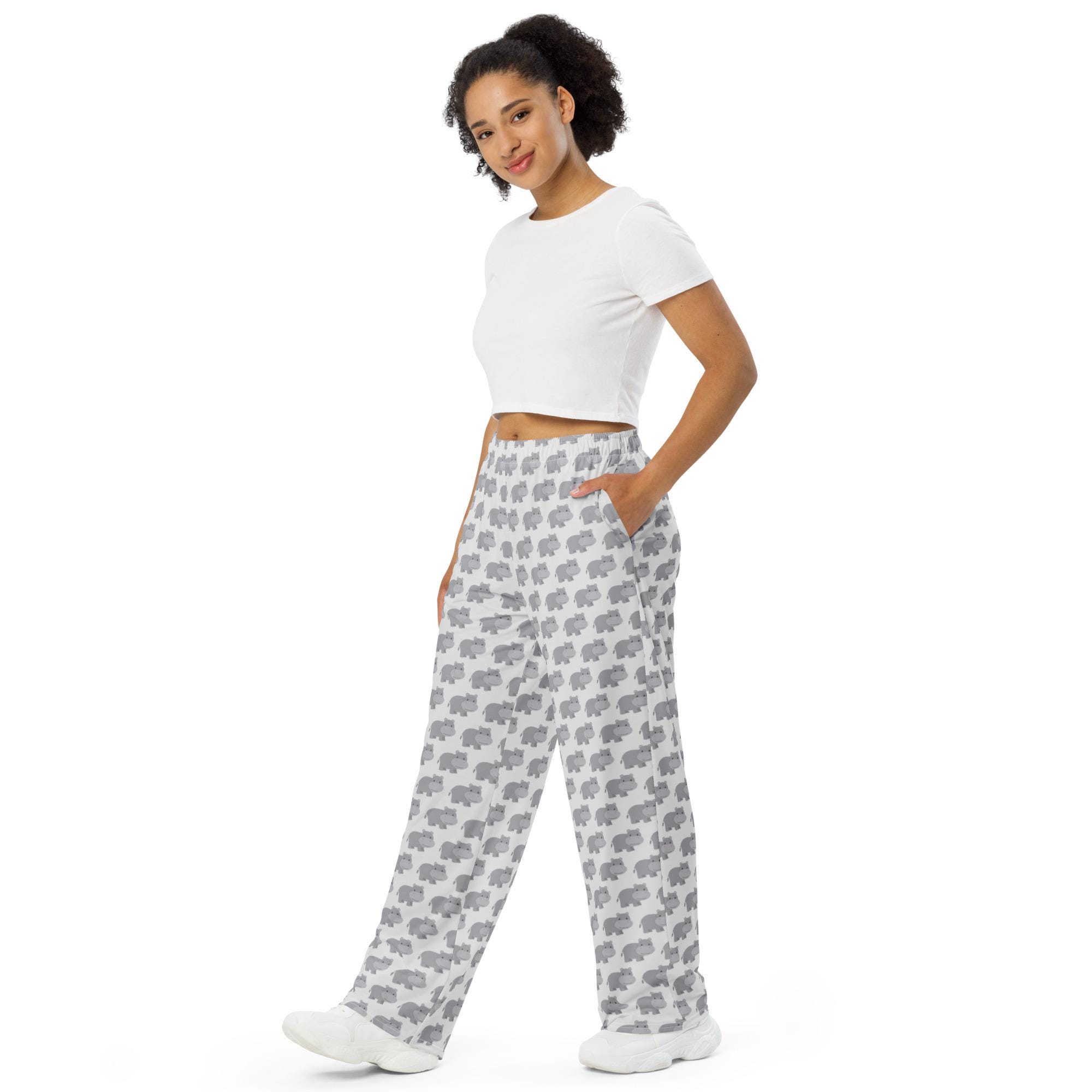 Hippopotamus Printed Pajama Pants, All Over Print Wide Leg Pants
