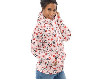 Panda Bears Hearts Printed Pullover Hoodie, All Over Print Streetwear Cozy Fashion Hoodie with Pockets, Panda Lover Gift, Plus Size, Unisex