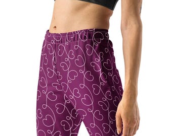 Cursive Hearts Printed Joggers Sweatpants, Love Valentine Day Sweatpants, Valentine Gifts for Her, Valentine’s Clothing, Lounge Pants Women