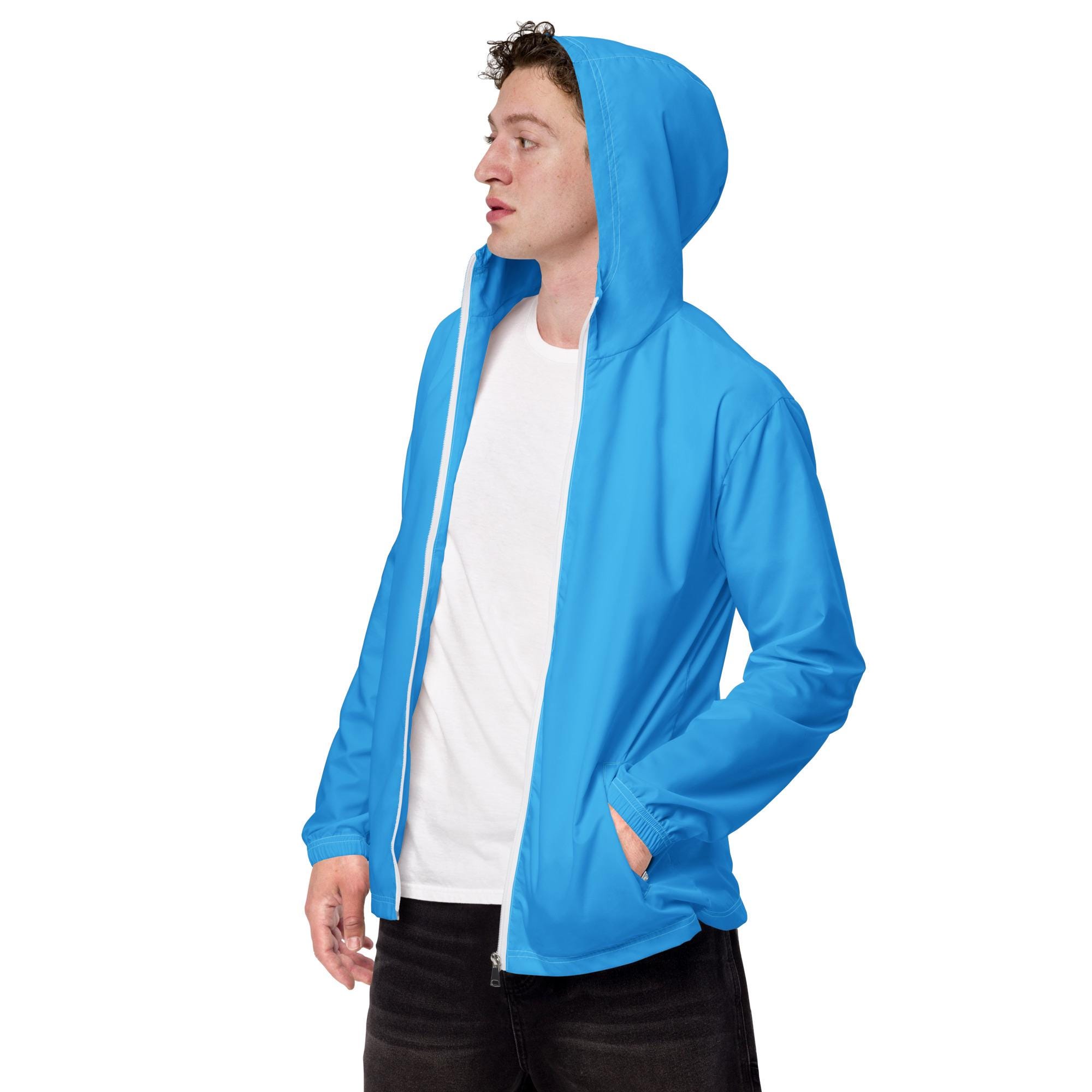 Solid Sky Blue Windbreaker Jacket, Y2K Zip-up Jacket With Side 