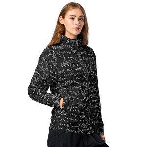 May include: A black jacket with a white print of mathematical equations and formulas. The jacket has a zipper closure and a stand-up collar.