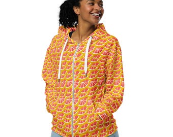 Citrus Grapefruit Print Zipper Hoodie, Aesthetic Zip-Up Hoodie with Pockets, Grapefruit Lovers, Streetwear Fashion, Loungewear, Plus Size