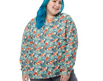 Koi Fish Printed Sweatshirt, All Over Print Animal Crewneck Sweatshirt, Trendy Festival Cozy Pullover Shirt, Koi Fish Lovers Gifts, Unisex