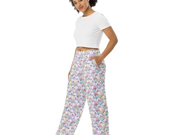Bunny Rabbits Printed Wide Leg Pants, AOP Streetwear PJ Pajama Pants with Pockets, Lounge and sleepwear, Palazzo Pants, Rabbits Lovers Gift